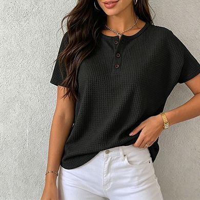 Womens Waffle Knit Henley Top Short Batwing Sleeves Button Casual Top