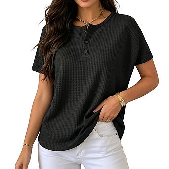 Womens Waffle Knit Henley Top Short Batwing Sleeves Button Casual Top