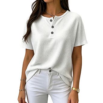 Womens Waffle Knit Henley Top Short Batwing Sleeves Button Casual Top