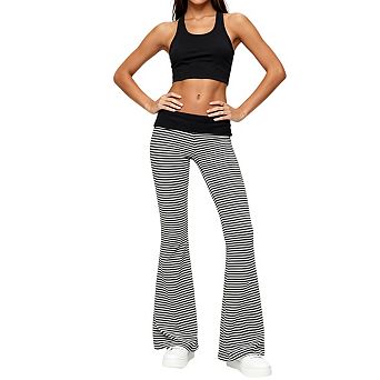 Womens Striped Pants With Fold Over Waistband Soft Stretchy Casual Long Pants