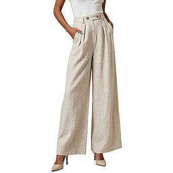 Womens High Waist Wide Leg Pants Pleated Front Elastic Back Waistband Casual Long Pants