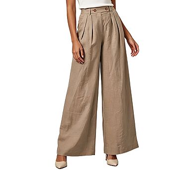 Womens High Waist Wide Leg Pants Pleated Front Elastic Back Waistband Casual Long Pants