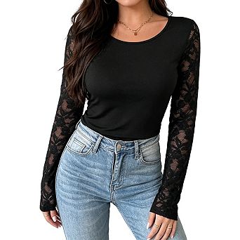 Womens Long Sleeve Top With Floral Lace Sheer Sleeves Round Neck Casual Tops