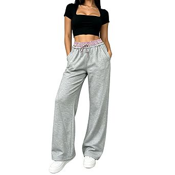 Womens Wide Leg Sweatpants Gingham Trim Waistband Drawstring Closure Casual Long Pants