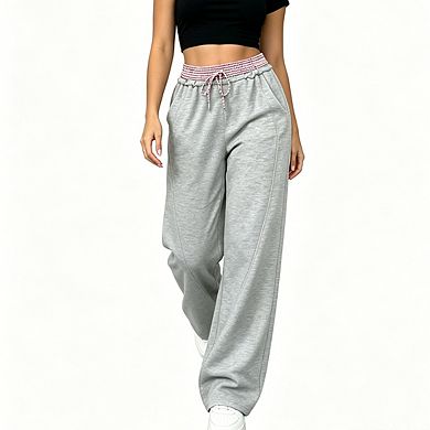 Womens Wide Leg Sweatpants Gingham Trim Waistband Drawstring Closure Casual Long Pants