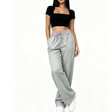 Womens Wide Leg Sweatpants Gingham Trim Waistband Drawstring Closure Casual Long Pants