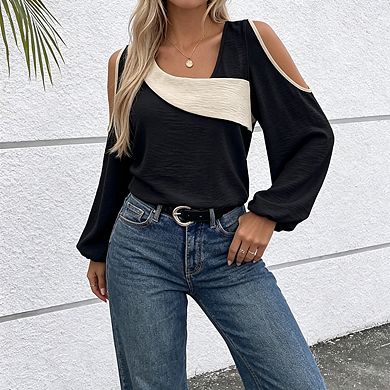 Womens Cold Shoulder Blouse Asymmetric Color Block Puff Sleeves Casual Tops