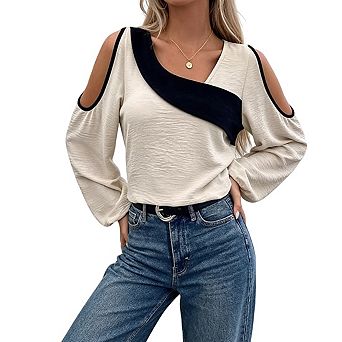 Womens Cold Shoulder Blouse Asymmetric Color Block Puff Sleeves Casual Tops