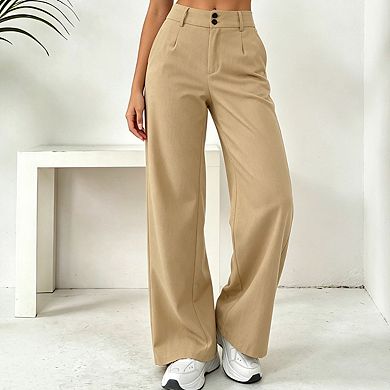 Womens High Waist Wide Leg Trousers Double Button Closure Pleated Front Casual Pants