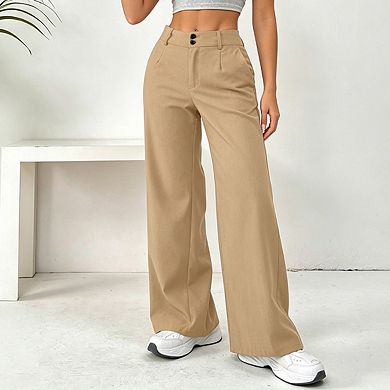 Womens High Waist Wide Leg Trousers Double Button Closure Pleated Front Casual Pants