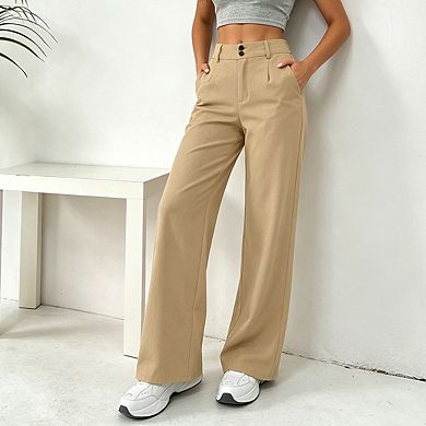 Womens High Waist Wide Leg Trousers Double Button Closure Pleated Front Casual Pants