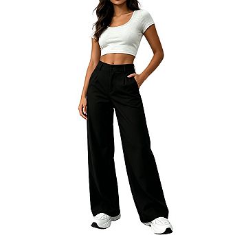 Womens High Waist Wide Leg Trousers Double Button Closure Pleated Front Casual Pants