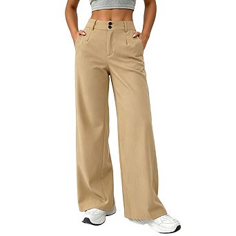 Womens High Waist Wide Leg Trousers Double Button Closure Pleated Front Casual Pants