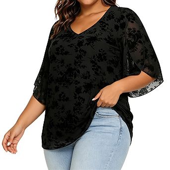 Womens Plus Size Floral Chiffon Blouse V Neck Split Sleeves Casual Tops