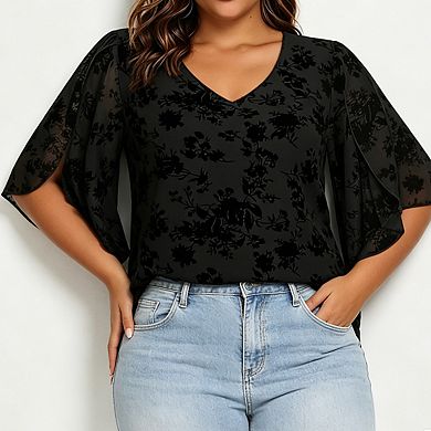 Womens Plus Size Floral Chiffon Blouse V Neck Split Sleeves Casual Tops