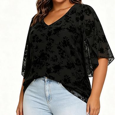Womens Plus Size Floral Chiffon Blouse V Neck Split Sleeves Casual Tops