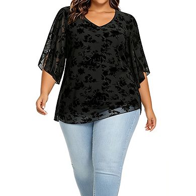 Womens Plus Size Floral Chiffon Blouse V Neck Split Sleeves Casual Tops