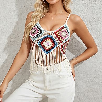 Womens Crochet Crop Top Square Pattern Fringe Hem Casual Vest Tops