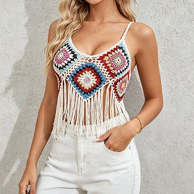 Womens Crochet Crop Top Square Pattern Fringe Hem Casual Vest Tops