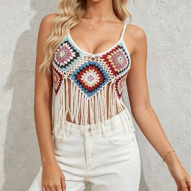 Womens Crochet Crop Top Square Pattern Fringe Hem Casual Vest Tops