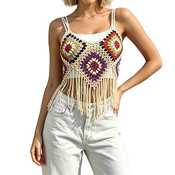 Womens Crochet Crop Top Square Pattern Fringe Hem Casual Vest Tops