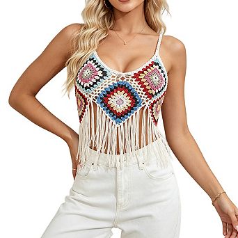 Womens Crochet Crop Top Square Pattern Fringe Hem Casual Vest Tops