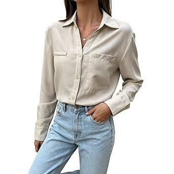 Womens Button Down Shirt With Chest Pockets Long Sleeves Collared Blouse