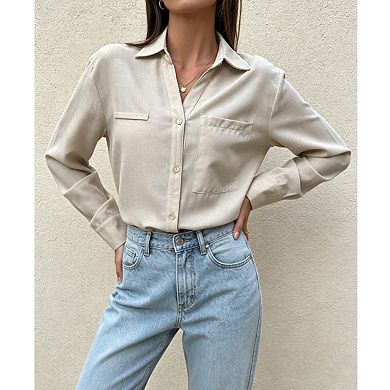 Womens Button Down Shirt With Chest Pockets Long Sleeves Collared Blouse