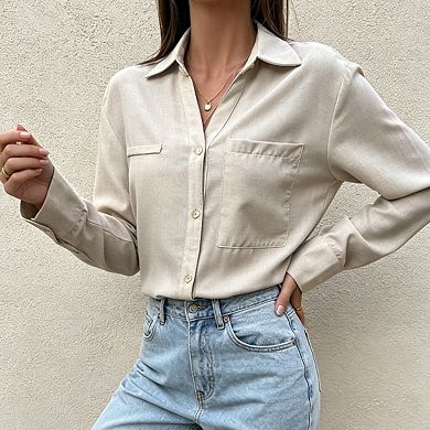 Womens Button Down Shirt With Chest Pockets Long Sleeves Collared Blouse