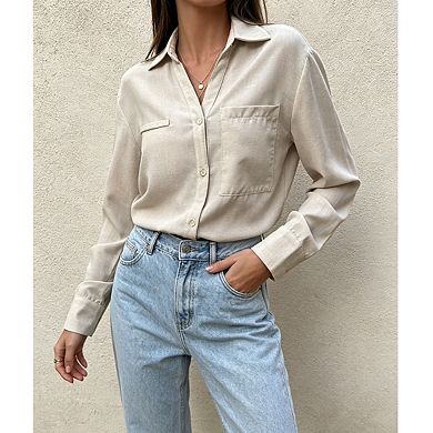 Womens Button Down Shirt With Chest Pockets Long Sleeves Collared Blouse