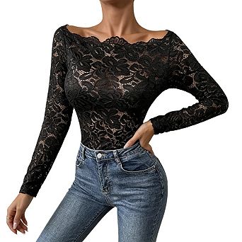 Womens Off The Shoulder Floral Lace Top Long Sleeves Sheer Casual Blouse