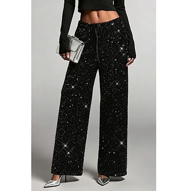 Womens Sequin Embellished Wide Leg Pants Drawstring Waistband Elegant Pants For Party