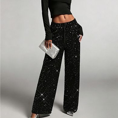 Womens Sequin Embellished Wide Leg Pants Drawstring Waistband Elegant Pants For Party
