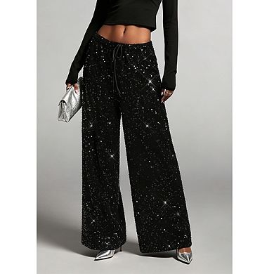 Womens Sequin Embellished Wide Leg Pants Drawstring Waistband Elegant Pants For Party