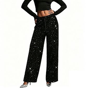 Womens Sequin Embellished Wide Leg Pants Drawstring Waistband Elegant Pants For Party