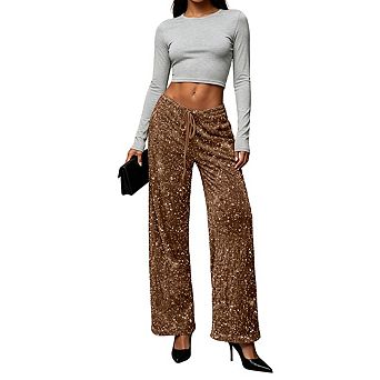 Womens Sequin Embellished Wide Leg Pants Drawstring Waistband Elegant Pants For Party