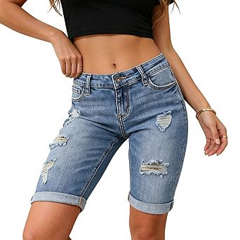 Womens Denim Bermuda Shorts Mid Rise Distressed Detailing Rolled Cuffs Shorts