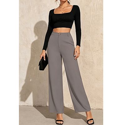 dress pants long legs Womens High Waist Wide Leg Dress Pants Button Closure Elegant Casual Long  Pants