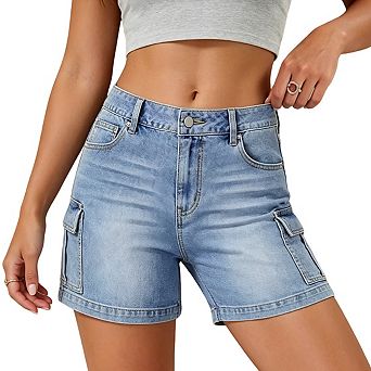 Womens High Waisted Denim Cargo Shorts Side Pockets Cuffed Hem Casual Shorts
