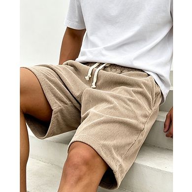 Mens Corduroy Shorts Elastic Waistband Drawstring Closure Casual Shorts