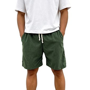 Mens Corduroy Shorts Elastic Waistband Drawstring Closure Casual Shorts