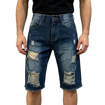 Mens Denim Bermuda Shorts Distressed Frayed Hem Ripped Detailing Casual Shorts