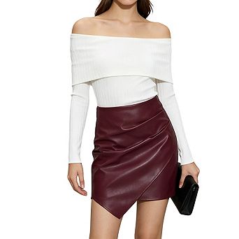 Womens Faux Leather Mini Skirt Asymmetric Wrap Ruched Casual Mini Skirts