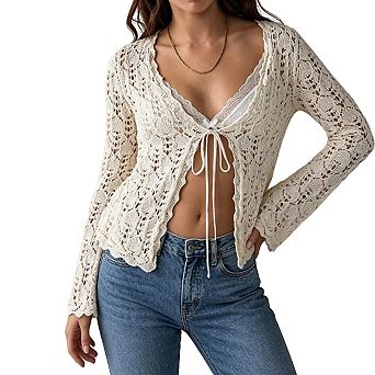 Womens Crochet Open Front Cardigan Bell Sleeves Tie Front Casual Blouse