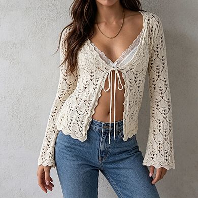 Womens Crochet Open Front Cardigan Bell Sleeves Tie Front Casual Blouse