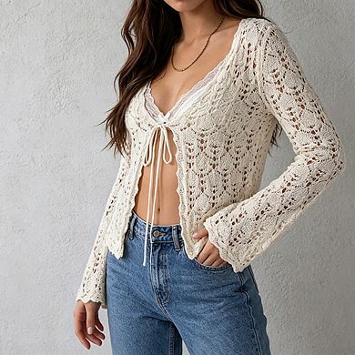 Womens Crochet Open Front Cardigan Bell Sleeves Tie Front Casual Blouse