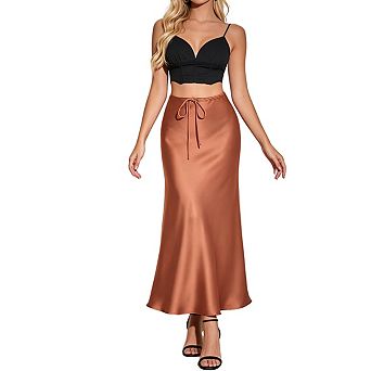 Womens Satin Midi Skirt Drawstring Waist Elegant Casual Skirts