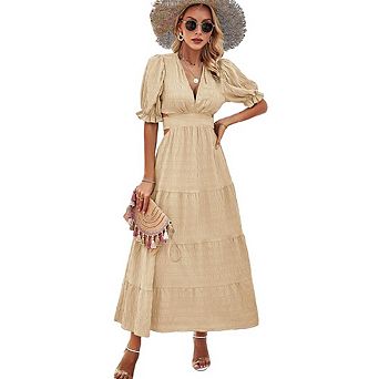 Women's Puff Sleeve V-Neck Maxi Dress with Waist Cutouts Casual Vacation Wear