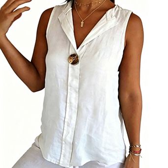 Women's Casual Sleeveless Shirt Top,Notched V Neck One Button Front Loose Fit Textured Casual Blouse