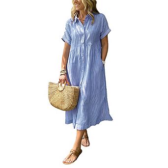 Women's Striped Shirt Midi Dress Short Sleeve Casual Daily Outdoor Wear
